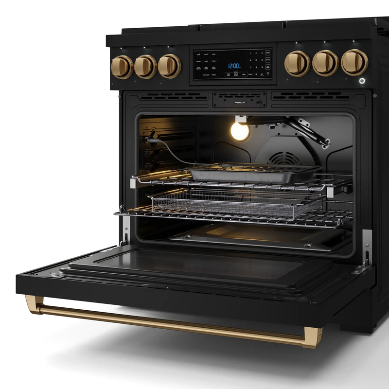 Gordon Ramsay by Thor Kitchen 3-Piece Appliance Package - 36-Inch Gas Range with Liquid Propane Kit, Tilt Panel, 36-Inch Refrigerator, and Dishwasher in Black with Bronze Trim