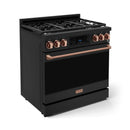 Gordon Ramsay by Thor Kitchen 3-Piece Appliance Package - 36-Inch Gas Range with Liquid Propane Kit, Tilt Panel, 36-Inch Refrigerator, and Dishwasher in Black with Rose Gold Trim