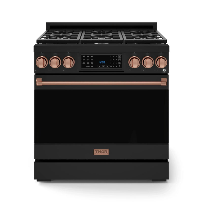 Gordon Ramsay by Thor Kitchen 3-Piece Appliance Package - 36-Inch Gas Range with Liquid Propane Kit, Tilt Panel, 36-Inch Refrigerator, and Dishwasher in Black with Rose Gold Trim