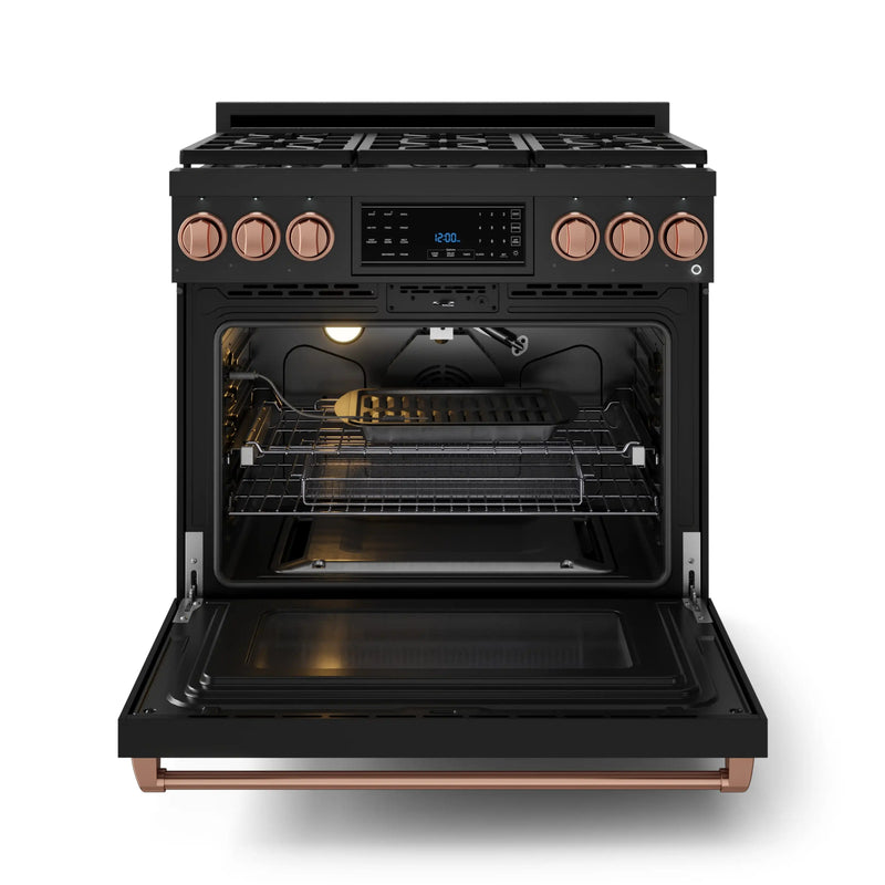 Gordon Ramsay by Thor Kitchen 3-Piece Appliance Package - 36-Inch Gas Range with Liquid Propane Kit, Tilt Panel, 36-Inch Refrigerator, and Dishwasher in Black with Rose Gold Trim