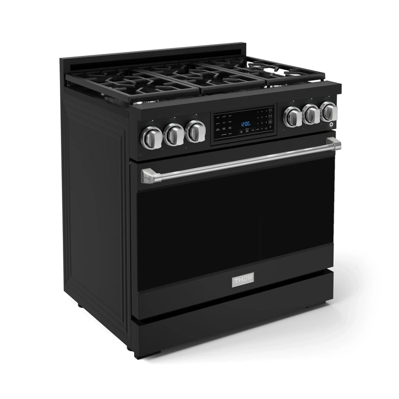 Gordon Ramsay by Thor Kitchen 3-Piece Appliance Package - 36-Inch Gas Range with Liquid Propane Kit, Tilt Panel, 36-Inch Refrigerator, and Dishwasher in Black with Stainless Steel Trim