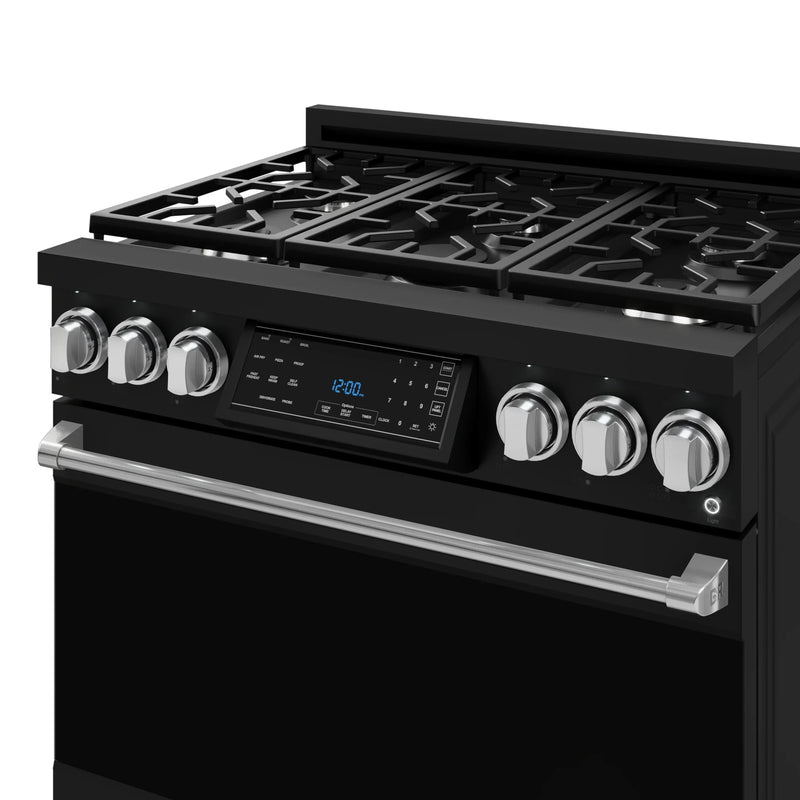 Gordon Ramsay by Thor Kitchen 3-Piece Appliance Package - 36-Inch Gas Range with Liquid Propane Kit, Tilt Panel, 36-Inch Refrigerator, and Dishwasher in Black with Stainless Steel Trim