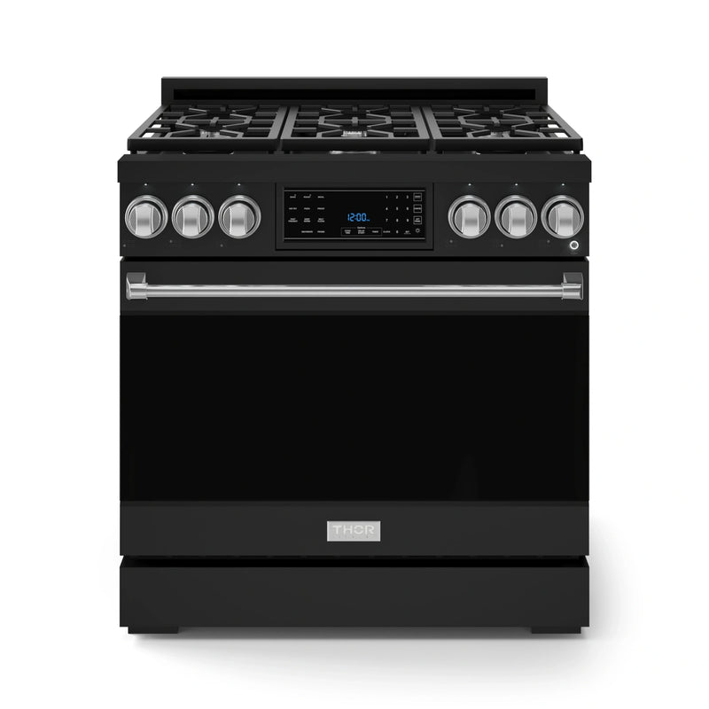 Gordon Ramsay by Thor Kitchen 3-Piece Appliance Package - 36-Inch Gas Range with Liquid Propane Kit, Tilt Panel, 36-Inch Refrigerator, and Dishwasher in Black with Stainless Steel Trim