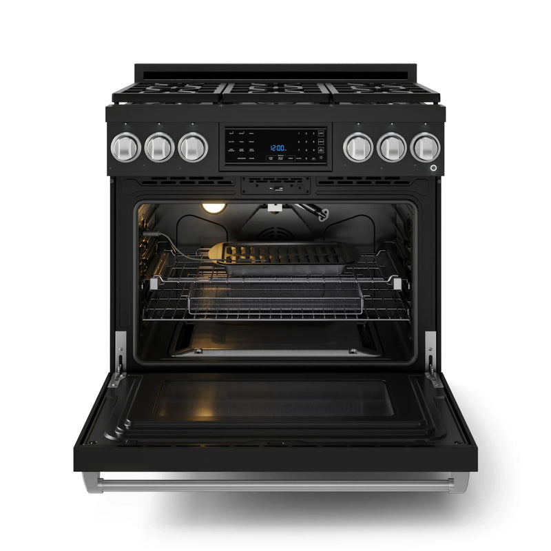 Gordon Ramsay by Thor Kitchen 3-Piece Appliance Package - 36-Inch Gas Range with Liquid Propane Kit, Tilt Panel, 36-Inch Refrigerator, and Dishwasher in Black with Stainless Steel Trim