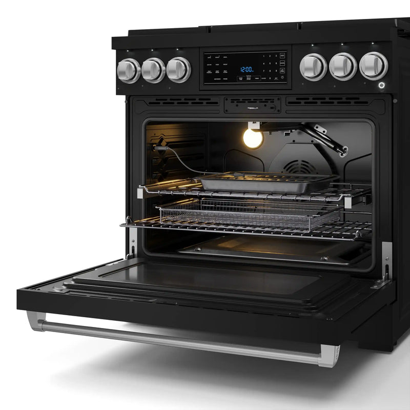 Gordon Ramsay by Thor Kitchen 3-Piece Appliance Package - 36-Inch Gas Range with Liquid Propane Kit, Tilt Panel, 36-Inch Refrigerator, and Dishwasher in Black with Stainless Steel Trim