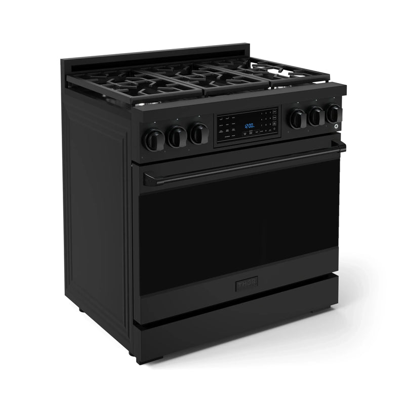 Gordon Ramsay by Thor Kitchen 3-Piece Appliance Package - 36-Inch Gas Range with Liquid Propane Kit, Tilt Panel, 36-Inch Refrigerator, and Dishwasher in Black