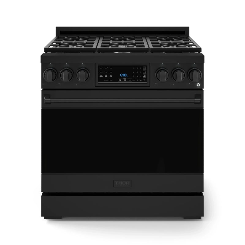 Gordon Ramsay by Thor Kitchen 3-Piece Appliance Package - 36-Inch Gas Range with Liquid Propane Kit, Tilt Panel, 36-Inch Refrigerator, and Dishwasher in Black