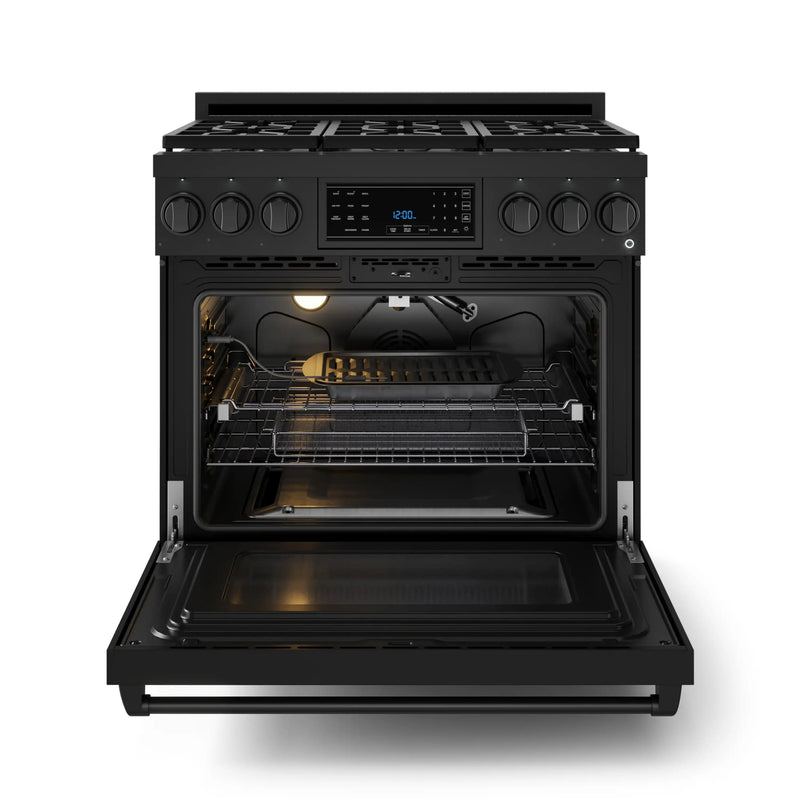 Gordon Ramsay by Thor Kitchen 3-Piece Appliance Package - 36-Inch Gas Range with Liquid Propane Kit, Tilt Panel, 36-Inch Refrigerator, and Dishwasher in Black