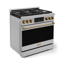 Gordon Ramsay by Thor Kitchen 3-Piece Appliance Package - 36-Inch Gas Range with Liquid Propane Kit, Tilt Panel, 36-Inch Refrigerator, and Dishwasher in Stainless Steel with Bronze Trim