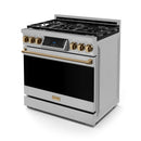Gordon Ramsay by Thor Kitchen 3-Piece Appliance Package - 36-Inch Gas Range with Liquid Propane Kit, Tilt Panel, 36-Inch Refrigerator, and Dishwasher in Stainless Steel with Bronze Trim