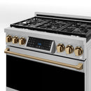 Gordon Ramsay by Thor Kitchen 3-Piece Appliance Package - 36-Inch Gas Range with Liquid Propane Kit, Tilt Panel, 36-Inch Refrigerator, and Dishwasher in Stainless Steel with Bronze Trim