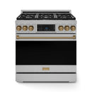 Gordon Ramsay by Thor Kitchen 3-Piece Appliance Package - 36-Inch Gas Range with Liquid Propane Kit, Tilt Panel, 36-Inch Refrigerator, and Dishwasher in Stainless Steel with Bronze Trim