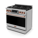 Gordon Ramsay by Thor Kitchen 3-Piece Appliance Package - 36-Inch Gas Range with Liquid Propane Kit, Tilt Panel, 36-Inch Refrigerator, and Dishwasher in Stainless Steel with Rose Gold Trim