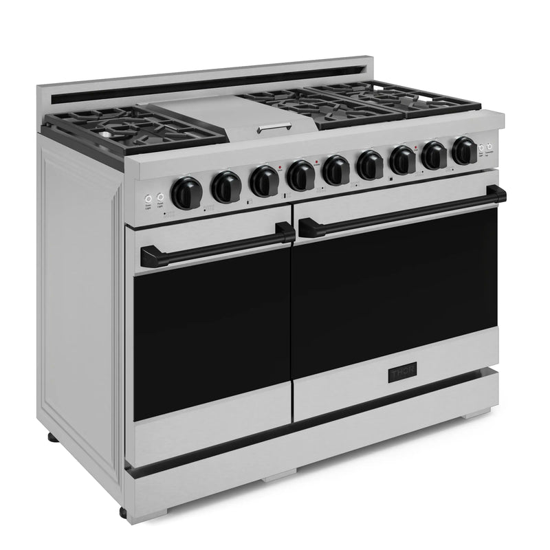 Gordon Ramsay by Thor Kitchen 3-Piece Appliance Package - 48-Inch Gas Range with Double Oven, 36-Inch Refrigerator, and Dishwasher in Stainless Steel with Black Trim