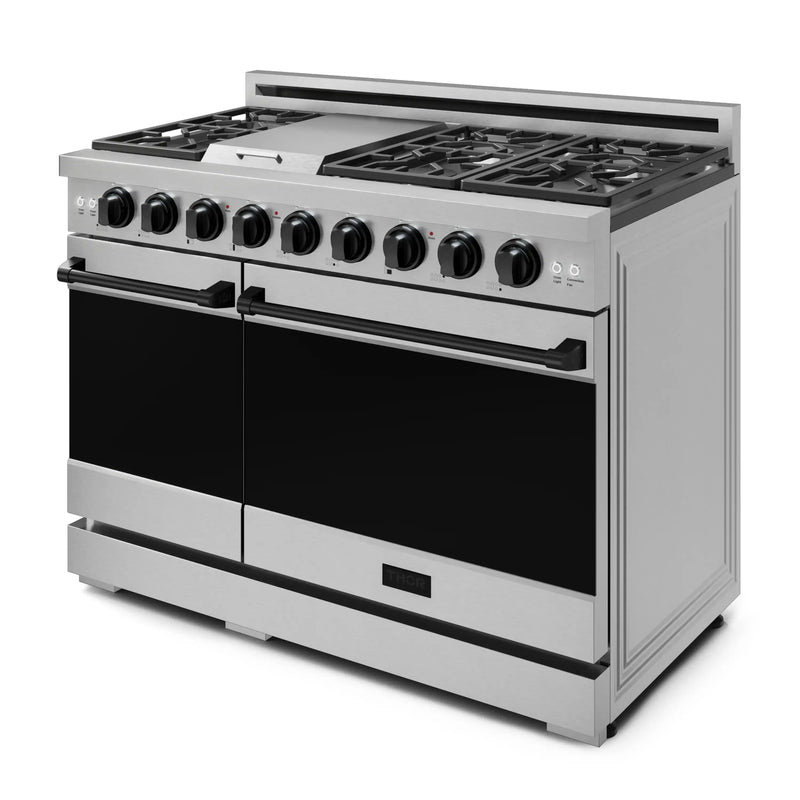 Gordon Ramsay by Thor Kitchen 3-Piece Appliance Package - 48-Inch Gas Range with Double Oven, 36-Inch Refrigerator, and Dishwasher in Stainless Steel with Black Trim