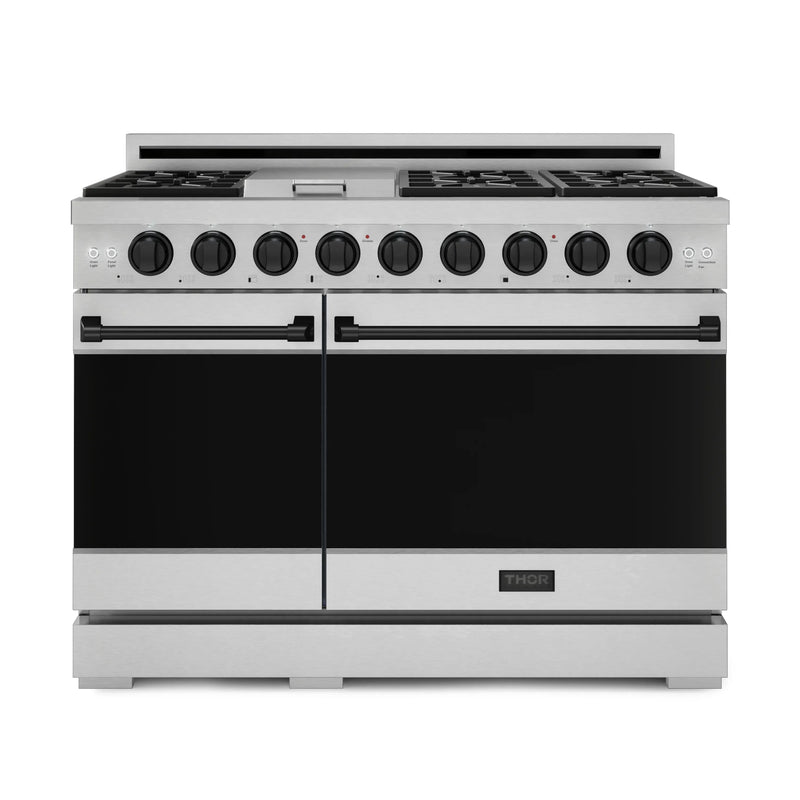 Gordon Ramsay by Thor Kitchen 3-Piece Appliance Package - 48-Inch Gas Range with Double Oven, 36-Inch Refrigerator, and Dishwasher in Stainless Steel with Black Trim