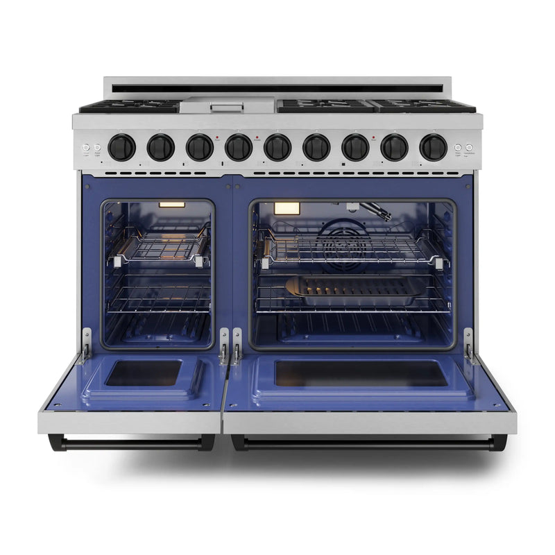 Gordon Ramsay by Thor Kitchen 3-Piece Appliance Package - 48-Inch Gas Range with Double Oven, 36-Inch Refrigerator, and Dishwasher in Stainless Steel with Black Trim