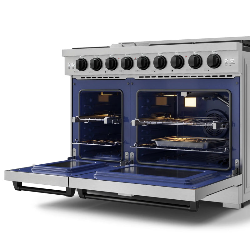 Gordon Ramsay by Thor Kitchen 3-Piece Appliance Package - 48-Inch Gas Range with Double Oven, 36-Inch Refrigerator, and Dishwasher in Stainless Steel with Black Trim