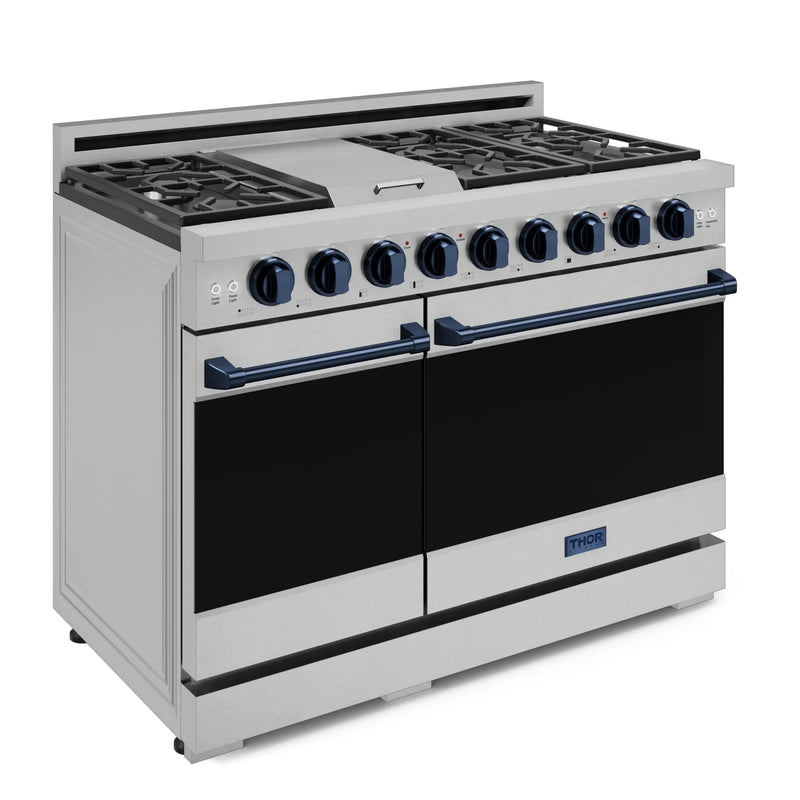 Gordon Ramsay by Thor Kitchen 3-Piece Appliance Package - 48-Inch Gas Range with Double Oven, 36-Inch Refrigerator, and Dishwasher in Stainless Steel with Blue Trim