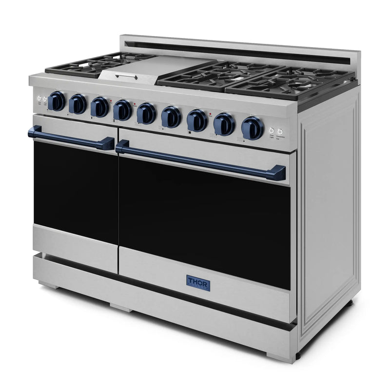 Gordon Ramsay by Thor Kitchen 3-Piece Appliance Package - 48-Inch Gas Range with Double Oven, 36-Inch Refrigerator, and Dishwasher in Stainless Steel with Blue Trim