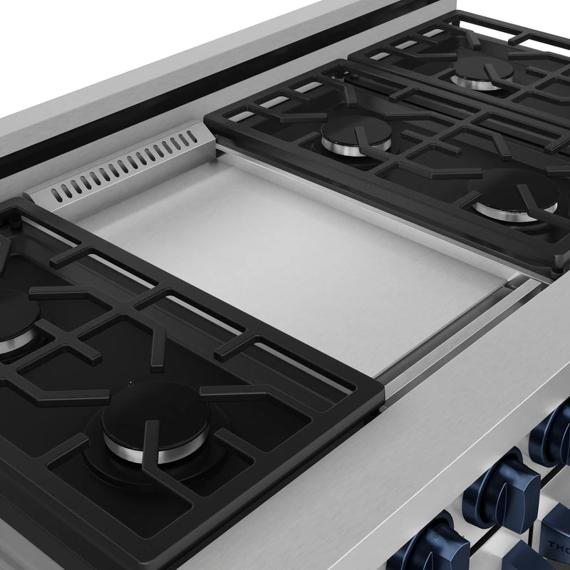 Gordon Ramsay by Thor Kitchen 3-Piece Appliance Package - 48-Inch Gas Range with Double Oven, 36-Inch Refrigerator, and Dishwasher in Stainless Steel with Blue Trim