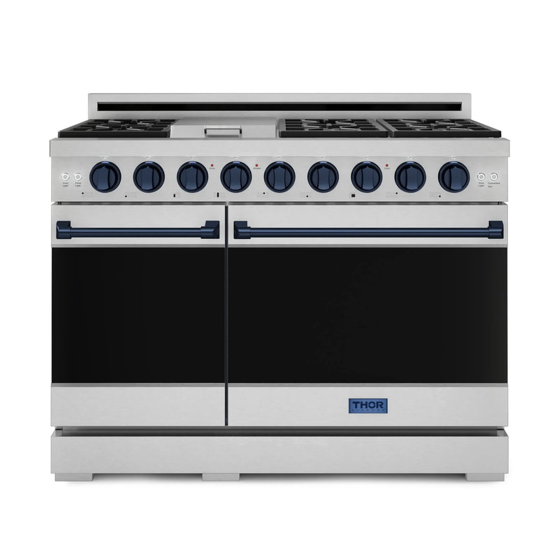 Gordon Ramsay by Thor Kitchen 3-Piece Appliance Package - 48-Inch Gas Range with Double Oven, 36-Inch Refrigerator, and Dishwasher in Stainless Steel with Blue Trim