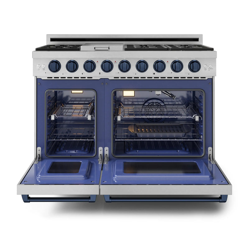 Gordon Ramsay by Thor Kitchen 3-Piece Appliance Package - 48-Inch Gas Range with Double Oven, 36-Inch Refrigerator, and Dishwasher in Stainless Steel with Blue Trim