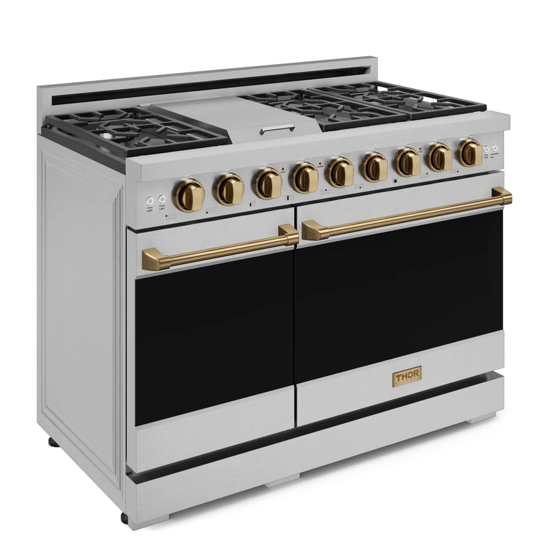Gordon Ramsay by Thor Kitchen 3-Piece Appliance Package - 48-Inch Gas Range with Double Oven, 36-Inch Refrigerator, and Dishwasher in Stainless Steel with Bronze Trim