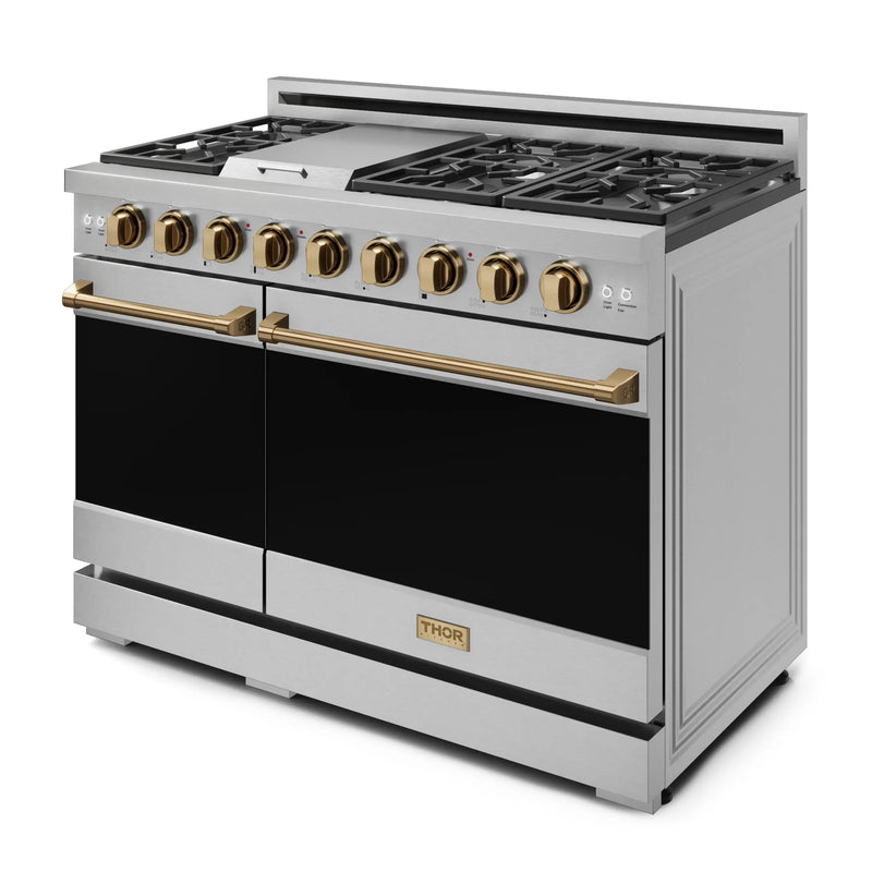 Gordon Ramsay by Thor Kitchen 3-Piece Appliance Package - 48-Inch Gas Range with Double Oven, 36-Inch Refrigerator, and Dishwasher in Stainless Steel with Bronze Trim