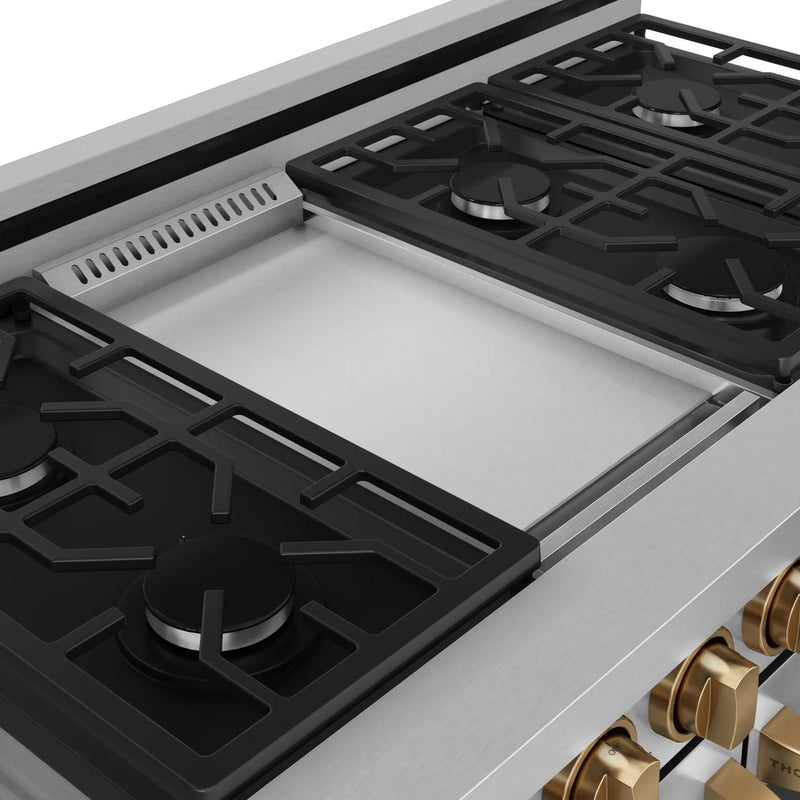 Gordon Ramsay by Thor Kitchen 3-Piece Appliance Package - 48-Inch Gas Range with Double Oven, 36-Inch Refrigerator, and Dishwasher in Stainless Steel with Bronze Trim