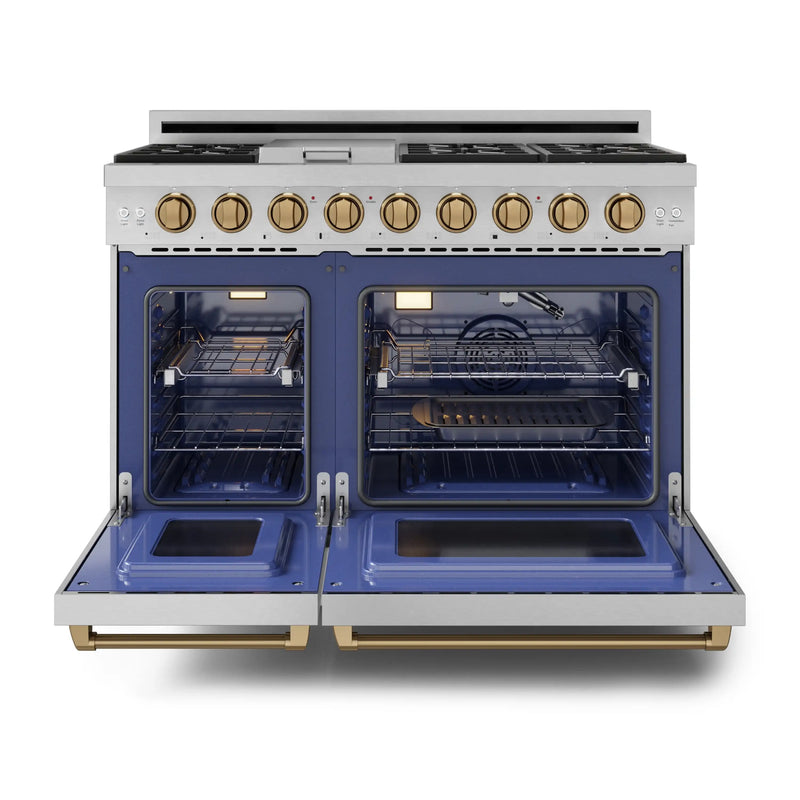Gordon Ramsay by Thor Kitchen 3-Piece Appliance Package - 48-Inch Gas Range with Double Oven, 36-Inch Refrigerator, and Dishwasher in Stainless Steel with Bronze Trim
