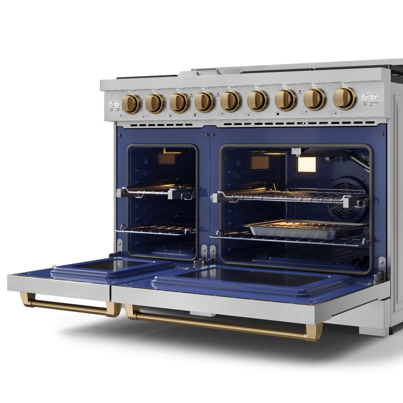 Gordon Ramsay by Thor Kitchen 3-Piece Appliance Package - 48-Inch Gas Range with Double Oven, 36-Inch Refrigerator, and Dishwasher in Stainless Steel with Bronze Trim