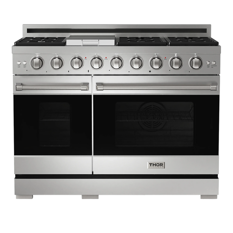 Gordon Ramsay by Thor Kitchen 3-Piece Appliance Package - 48-Inch Gas Range with Double Oven, 36-Inch Refrigerator, and Dishwasher in Stainless Steel