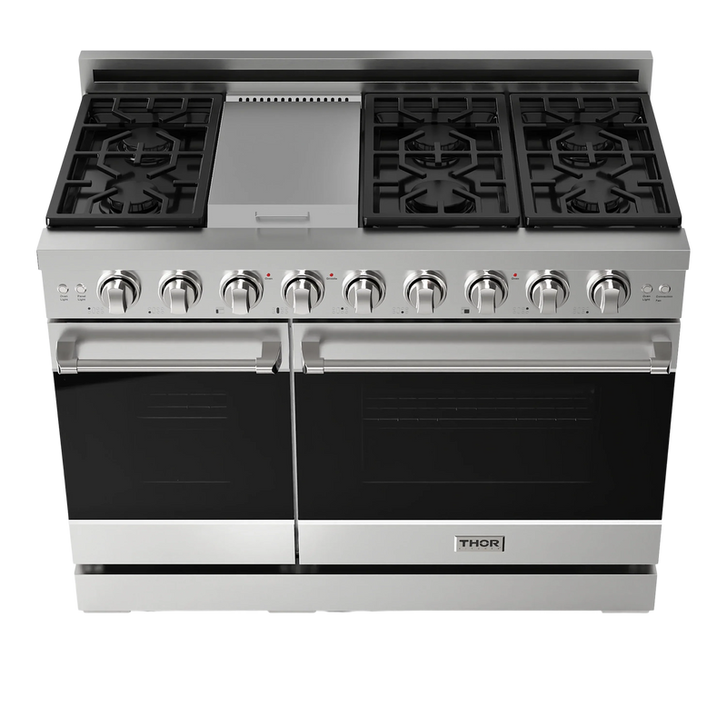 Gordon Ramsay by Thor Kitchen 3-Piece Appliance Package - 48-Inch Gas Range with Double Oven, 36-Inch Refrigerator, and Dishwasher in Stainless Steel