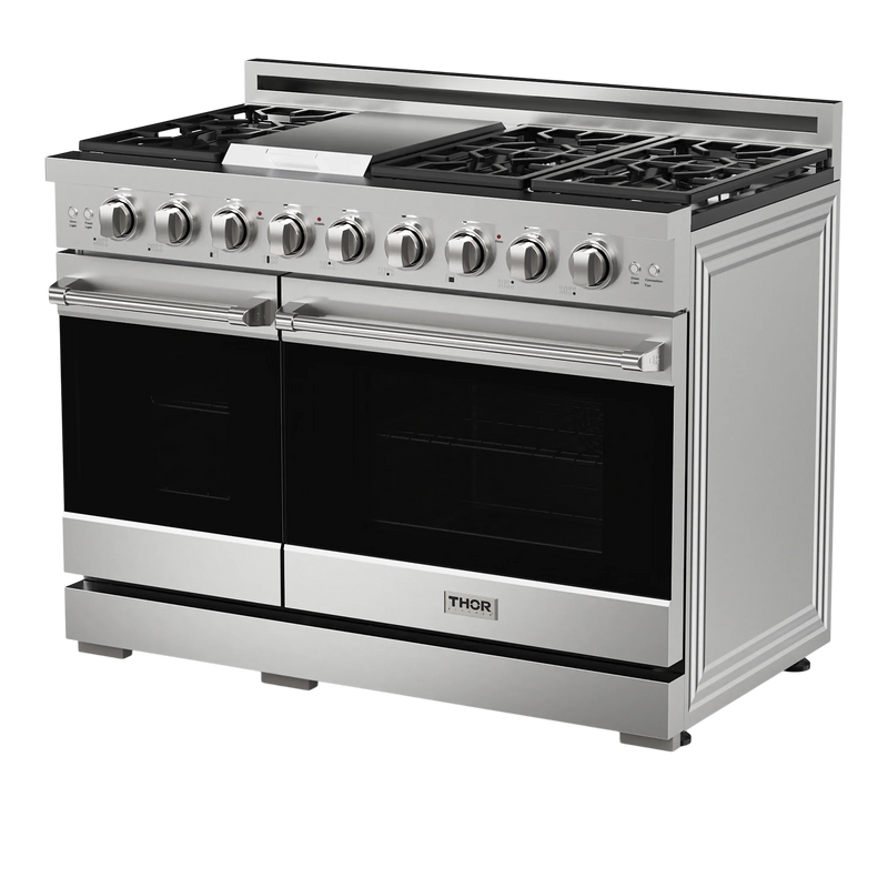Gordon Ramsay by Thor Kitchen 3-Piece Appliance Package - 48-Inch Gas Range with Double Oven, 36-Inch Refrigerator, and Dishwasher in Stainless Steel