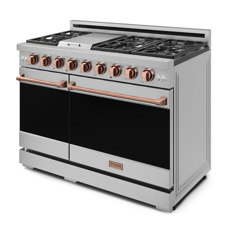 Gordon Ramsay by Thor Kitchen 3-Piece Appliance Package - 48-Inch Gas Range with Double Oven, 36-Inch Refrigerator, and Dishwasher in Stainless Steel with Rose Gold Trim