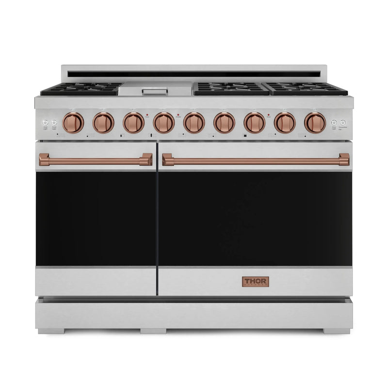 Gordon Ramsay by Thor Kitchen 3-Piece Appliance Package - 48-Inch Gas Range with Double Oven, 36-Inch Refrigerator, and Dishwasher in Stainless Steel with Rose Gold Trim