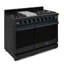 Gordon Ramsay by Thor Kitchen 3-Piece Appliance Package - 48-Inch Gas Range with Liquid Propane Kit with Double Oven, 36-Inch Refrigerator, and Dishwasher in Black with Blue Trim