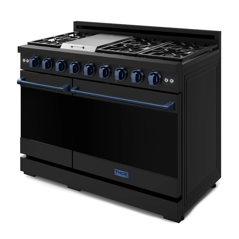 Gordon Ramsay by Thor Kitchen 3-Piece Appliance Package - 48-Inch Gas Range with Double Oven, 36-Inch Refrigerator, and Dishwasher in Black with Blue Trim