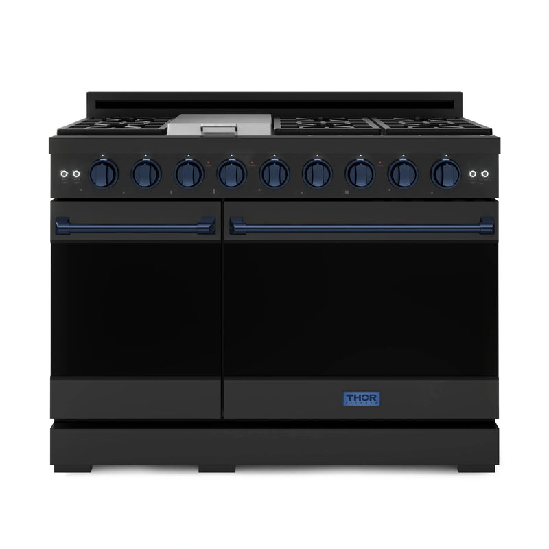 Gordon Ramsay by Thor Kitchen 3-Piece Appliance Package - 48-Inch Gas Range with Double Oven, 36-Inch Refrigerator, and Dishwasher in Black with Blue Trim