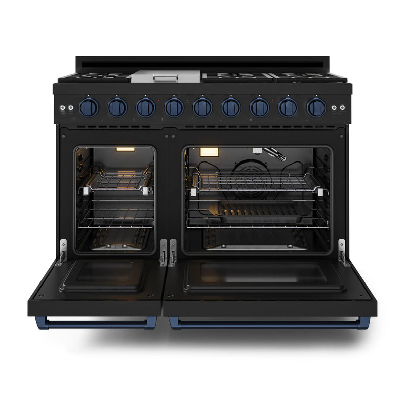 Gordon Ramsay by Thor Kitchen 3-Piece Appliance Package - 48-Inch Gas Range with Double Oven, 36-Inch Refrigerator, and Dishwasher in Black with Blue Trim