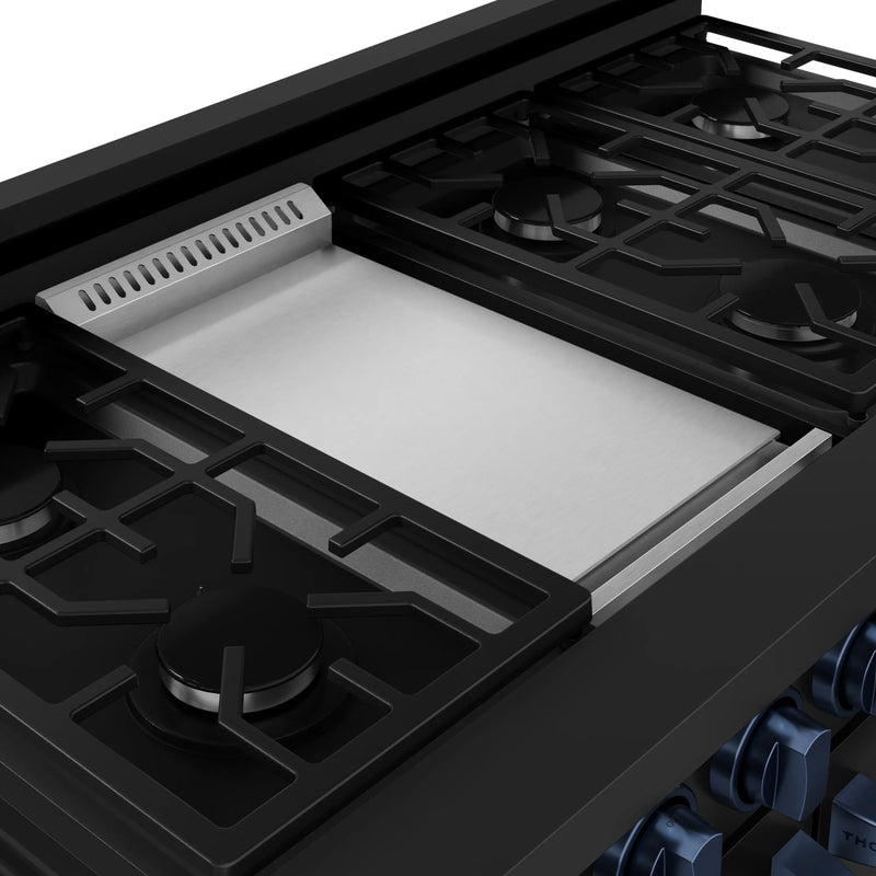 Gordon Ramsay by Thor Kitchen 3-Piece Appliance Package - 48-Inch Gas Range with Double Oven, 36-Inch Refrigerator, and Dishwasher in Black with Blue Trim