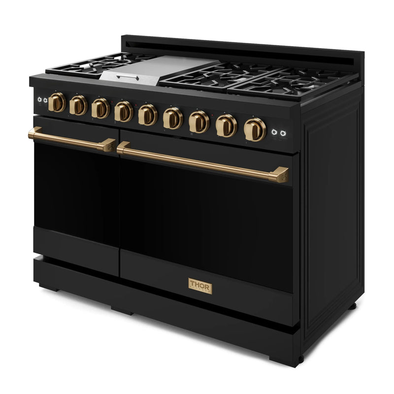 Gordon Ramsay by Thor Kitchen 3-Piece Appliance Package - 48-Inch Gas Range with Liquid Propane Kit with Double Oven, 36-Inch Refrigerator, and Dishwasher in Black with Bronze Trim