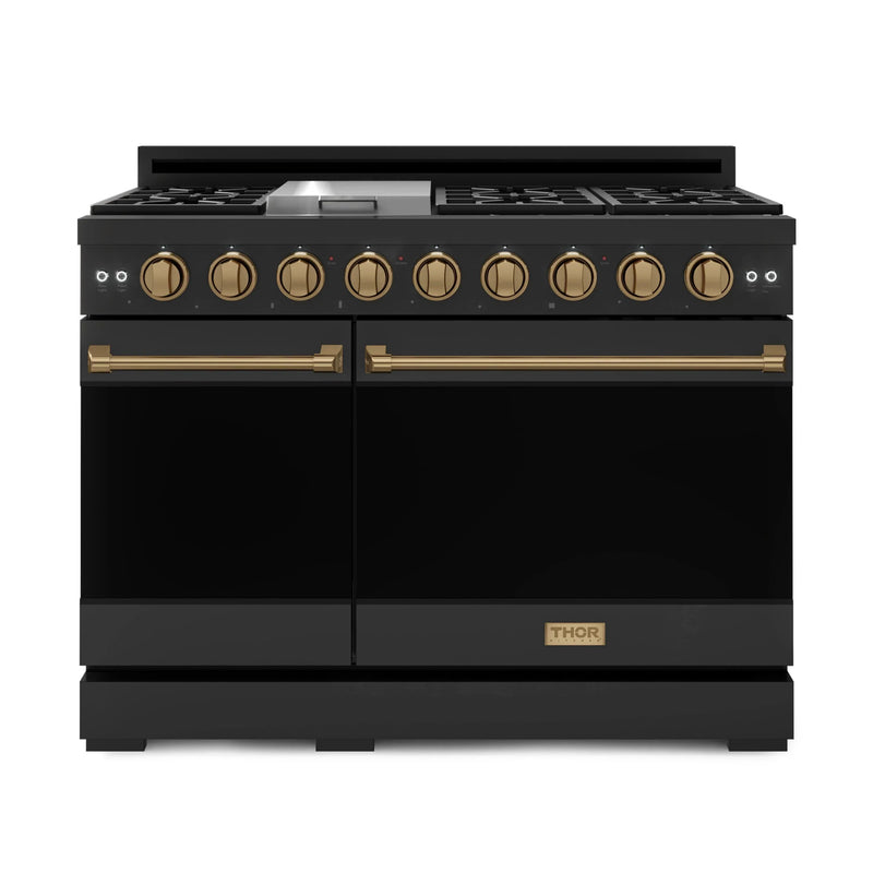 Gordon Ramsay by Thor Kitchen 3-Piece Appliance Package - 48-Inch Gas Range with Liquid Propane Kit with Double Oven, 36-Inch Refrigerator, and Dishwasher in Black with Bronze Trim
