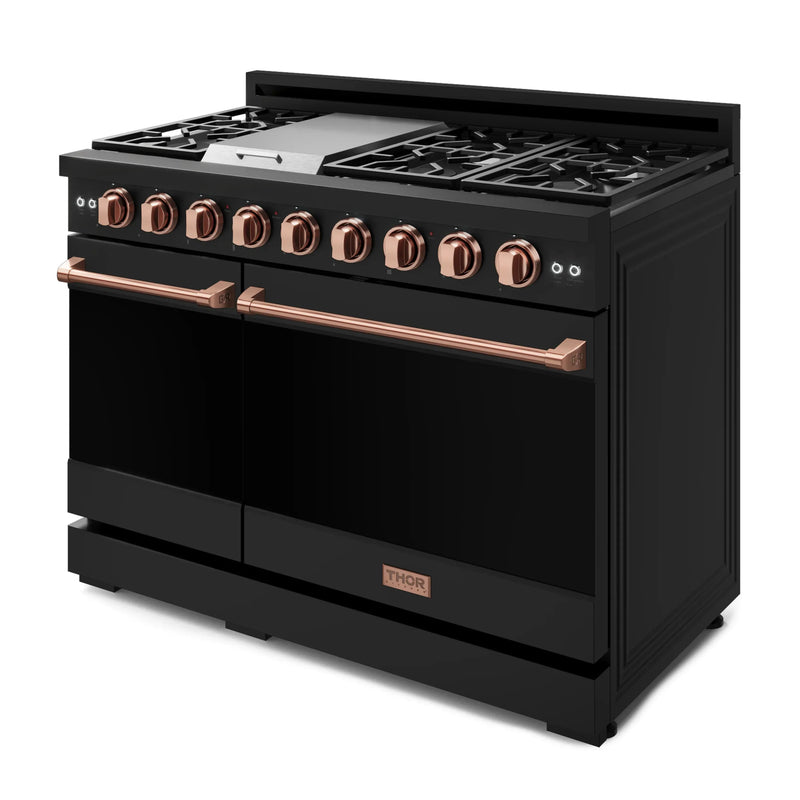 Gordon Ramsay by Thor Kitchen 3-Piece Appliance Package - 48-Inch Gas Range with Liquid Propane Kit with Double Oven, 36-Inch Refrigerator, and Dishwasher in Black with Rose Gold Trim