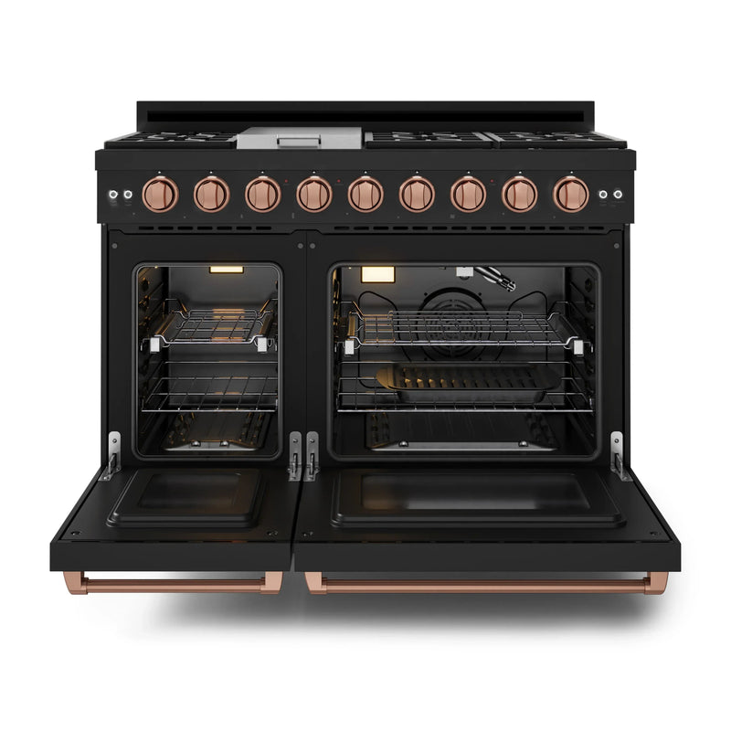 Gordon Ramsay by Thor Kitchen 3-Piece Appliance Package - 48-Inch Gas Range with Liquid Propane Kit with Double Oven, 36-Inch Refrigerator, and Dishwasher in Black with Rose Gold Trim