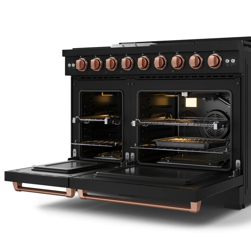 Gordon Ramsay by Thor Kitchen 3-Piece Appliance Package - 48-Inch Gas Range with Liquid Propane Kit with Double Oven, 36-Inch Refrigerator, and Dishwasher in Black with Rose Gold Trim