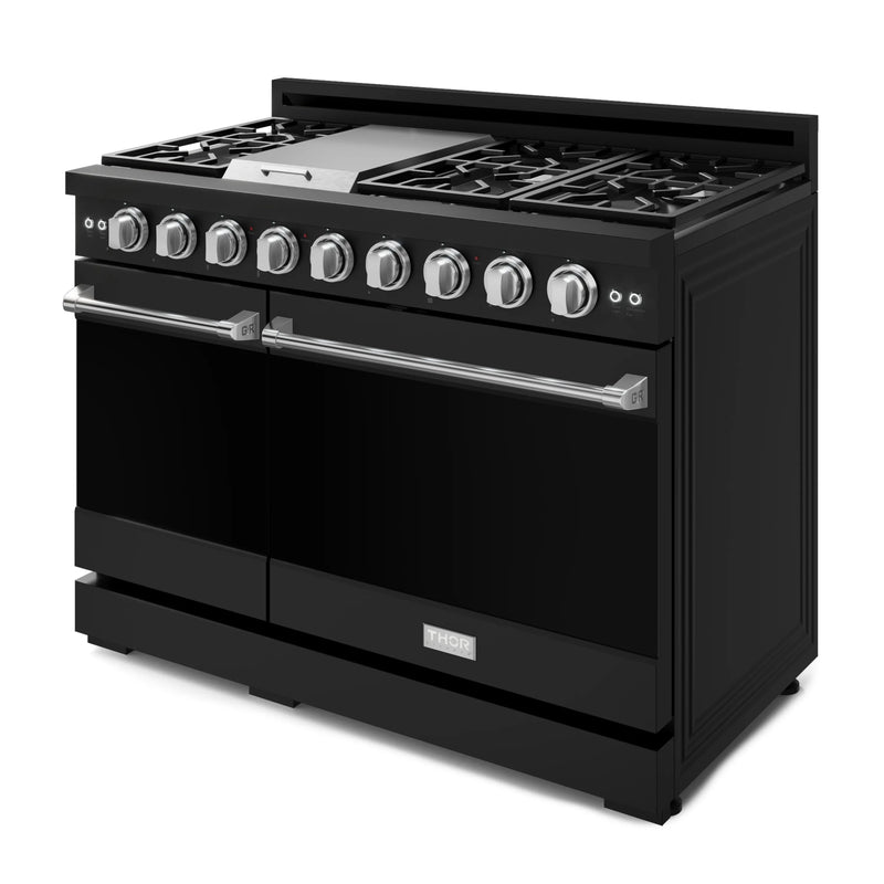 Gordon Ramsay by Thor Kitchen 3-Piece Appliance Package - 48-Inch Gas Range with Double Oven, 36-Inch Refrigerator, and Dishwasher in Black with Stainless Steel Trim