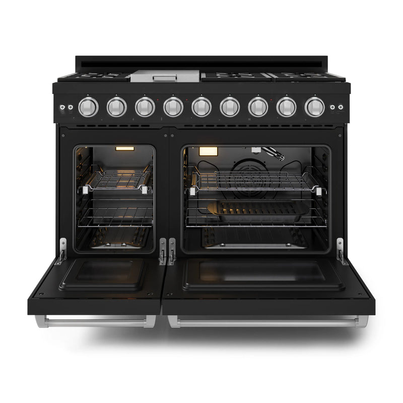 Gordon Ramsay by Thor Kitchen 3-Piece Appliance Package - 48-Inch Gas Range with Double Oven, 36-Inch Refrigerator, and Dishwasher in Black with Stainless Steel Trim