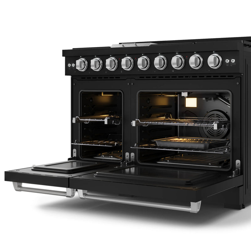 Gordon Ramsay by Thor Kitchen 3-Piece Appliance Package - 48-Inch Gas Range with Double Oven, 36-Inch Refrigerator, and Dishwasher in Black with Stainless Steel Trim